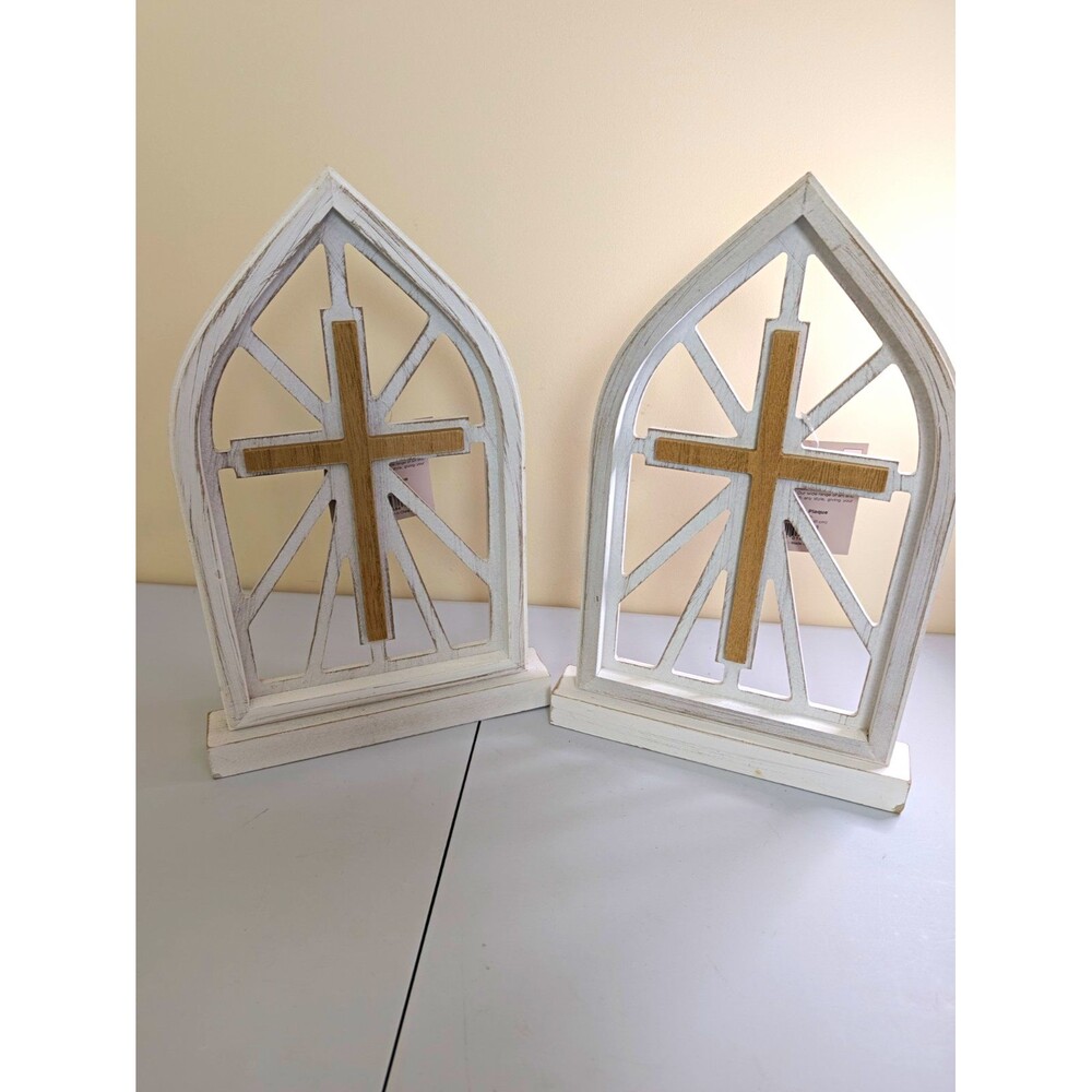 Willow Spring Wood Arch Window Cross Bookends Set of 2 White/Brown 12 in